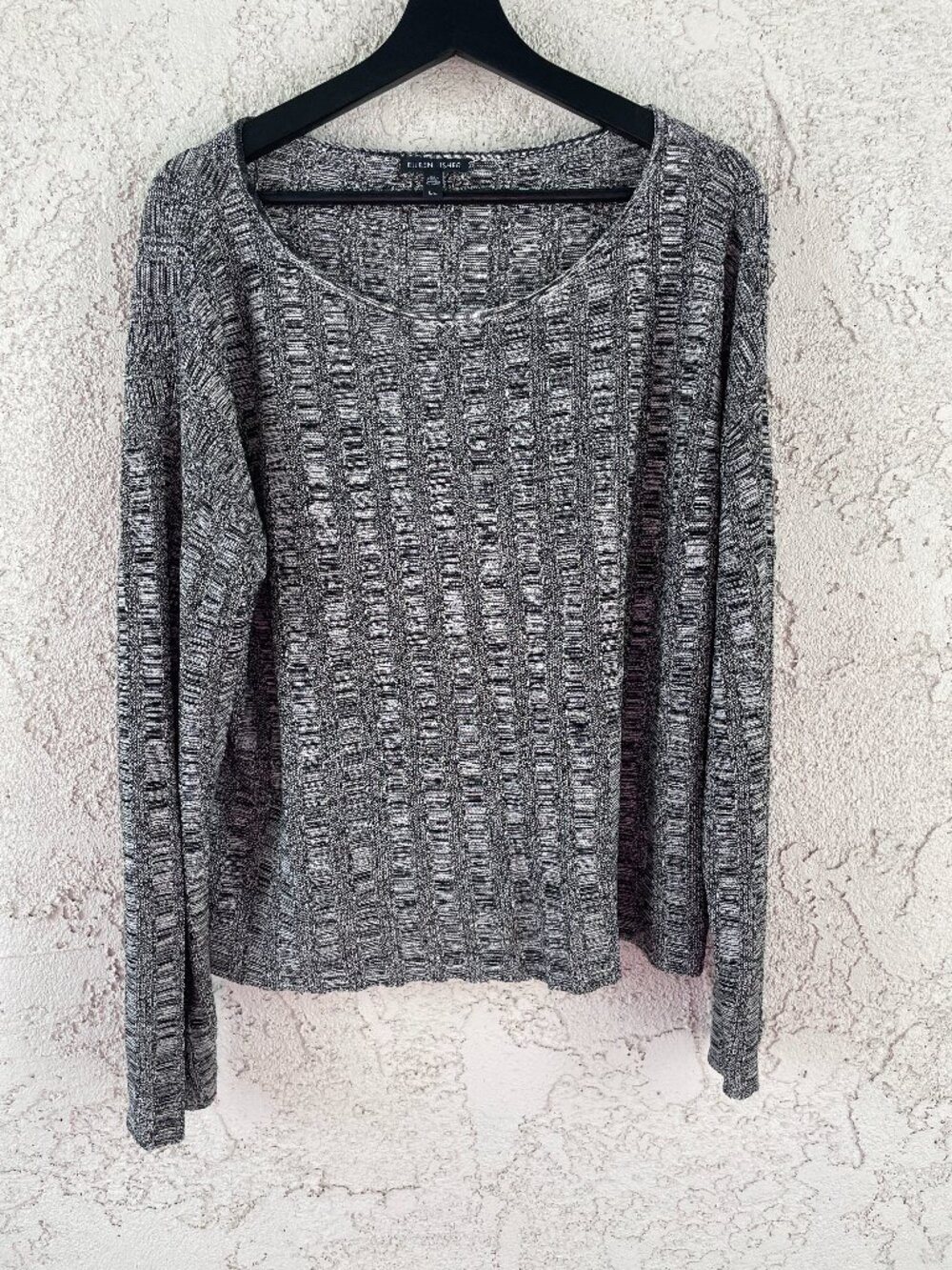 Eileen Fisher Silk Organic Linen Marled Knit Sweater L Gray Black Boxy Lagenlook